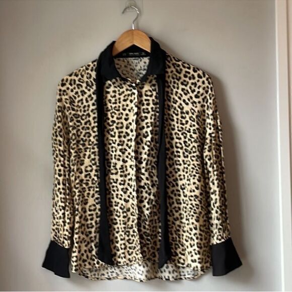 Zara Animal Print Button Lapel Bow Blouse - Picture 3 of 8